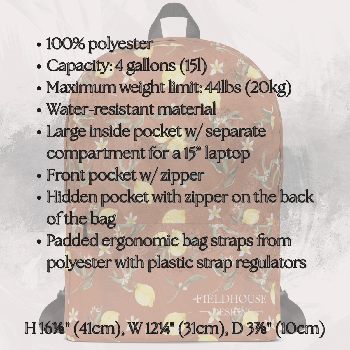 lemon-patterned backpack with product specifications on a light gray background