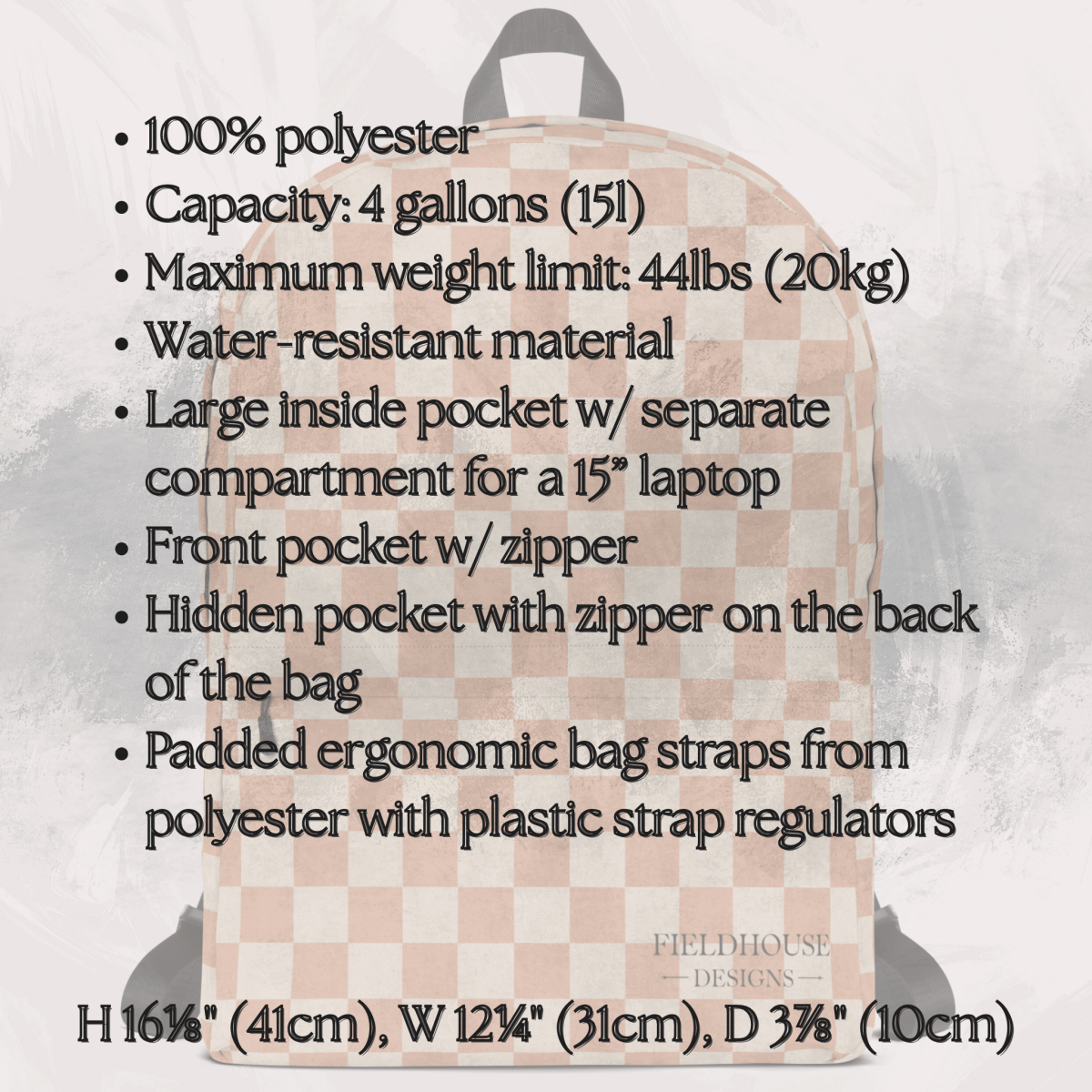 Checkered backpack with specifications listed on a light gray background