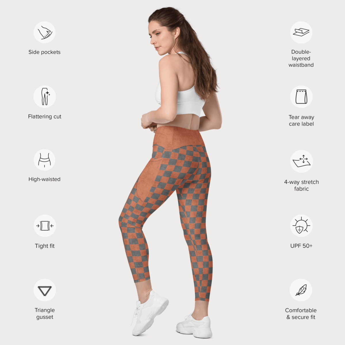 Woman wearing checkered leggings with feature icons on a white background