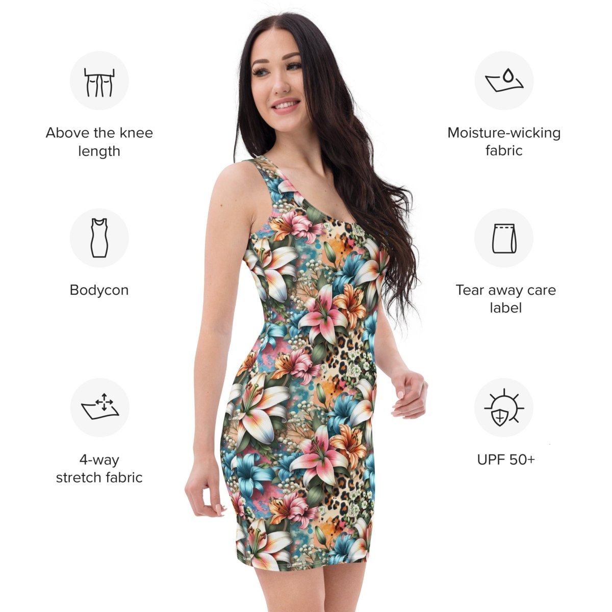 Tropicat Bodycon Dress | Bold Tropical Floral with Leopard Print Accents - Bodycon Dress