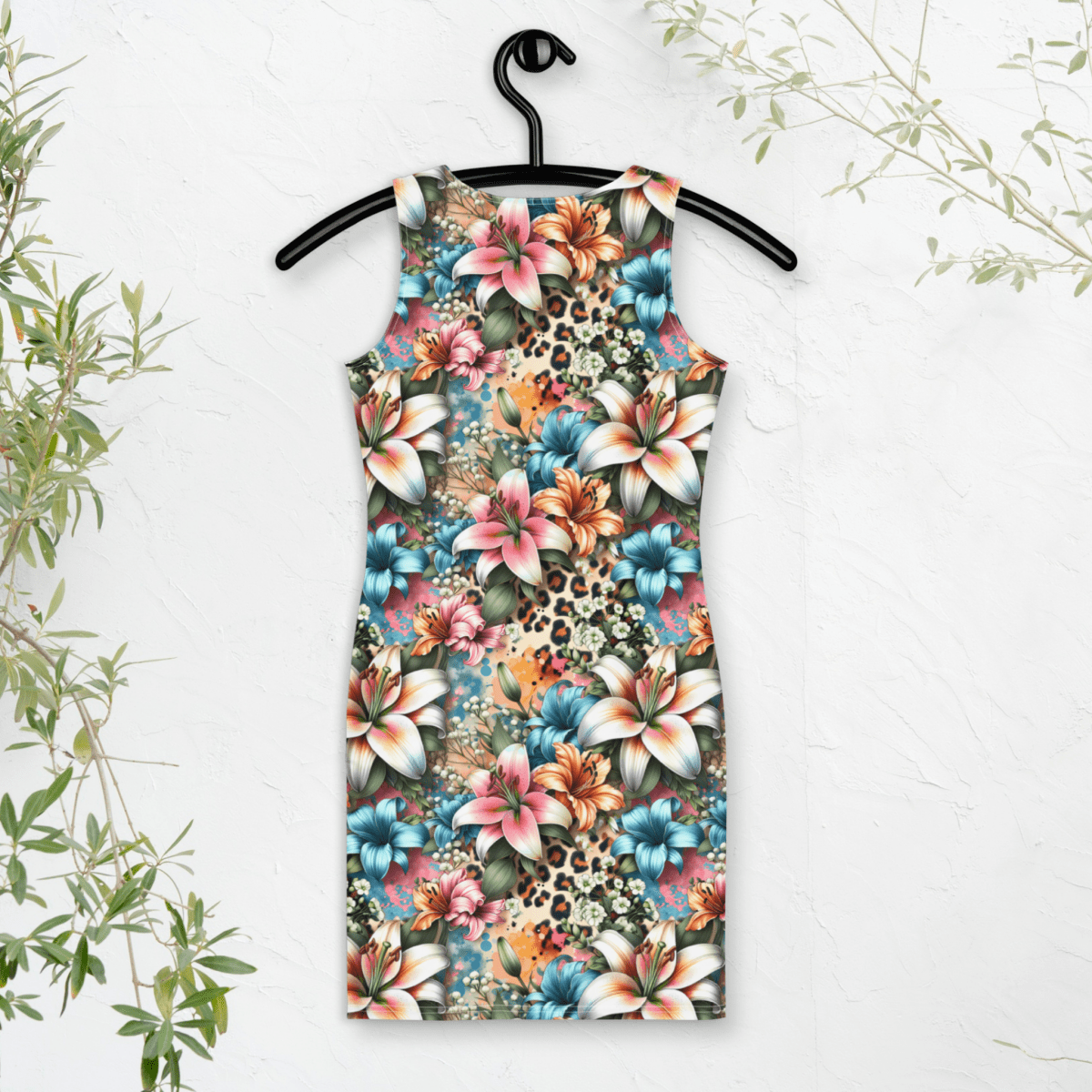 Tropicat Bodycon Dress | Bold Tropical Floral with Leopard Print Accents - Bodycon Dress