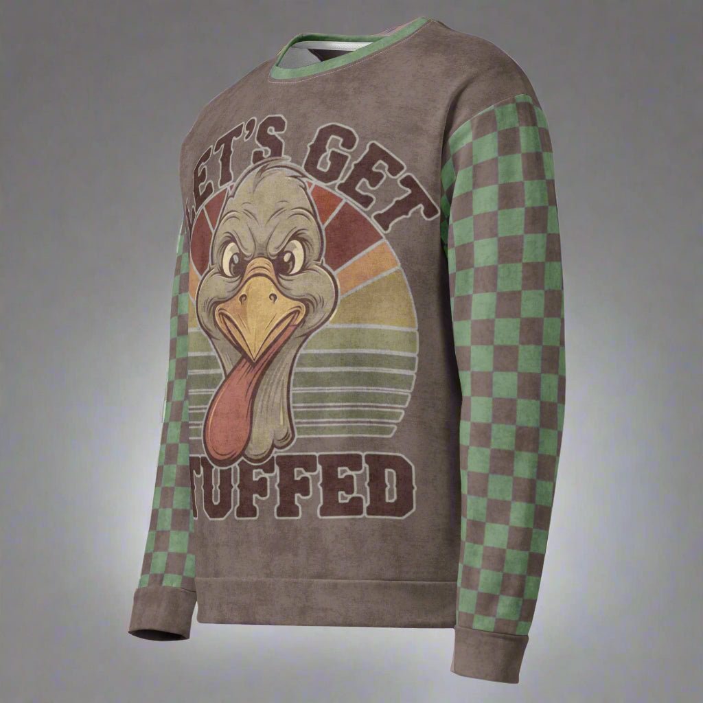 Sweatshirt with a cartoon turkey design and text on a white background