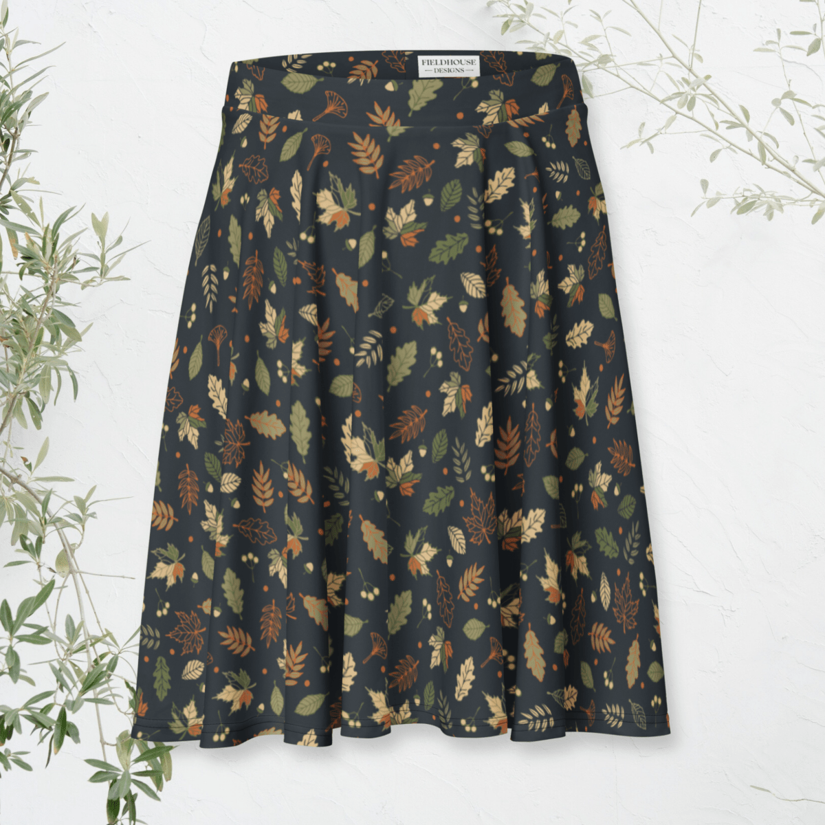 Woodland Whimsy Skater Skirt | Autumn Leaf & Forest Foliage Print on Charcoal Black