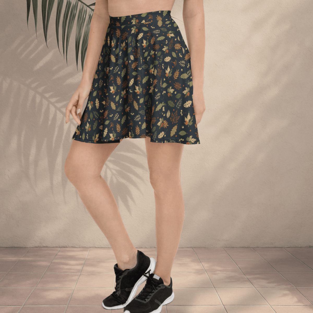 Woodland Whimsy Skater Skirt | Autumn Leaf & Forest Foliage Print on Charcoal Black