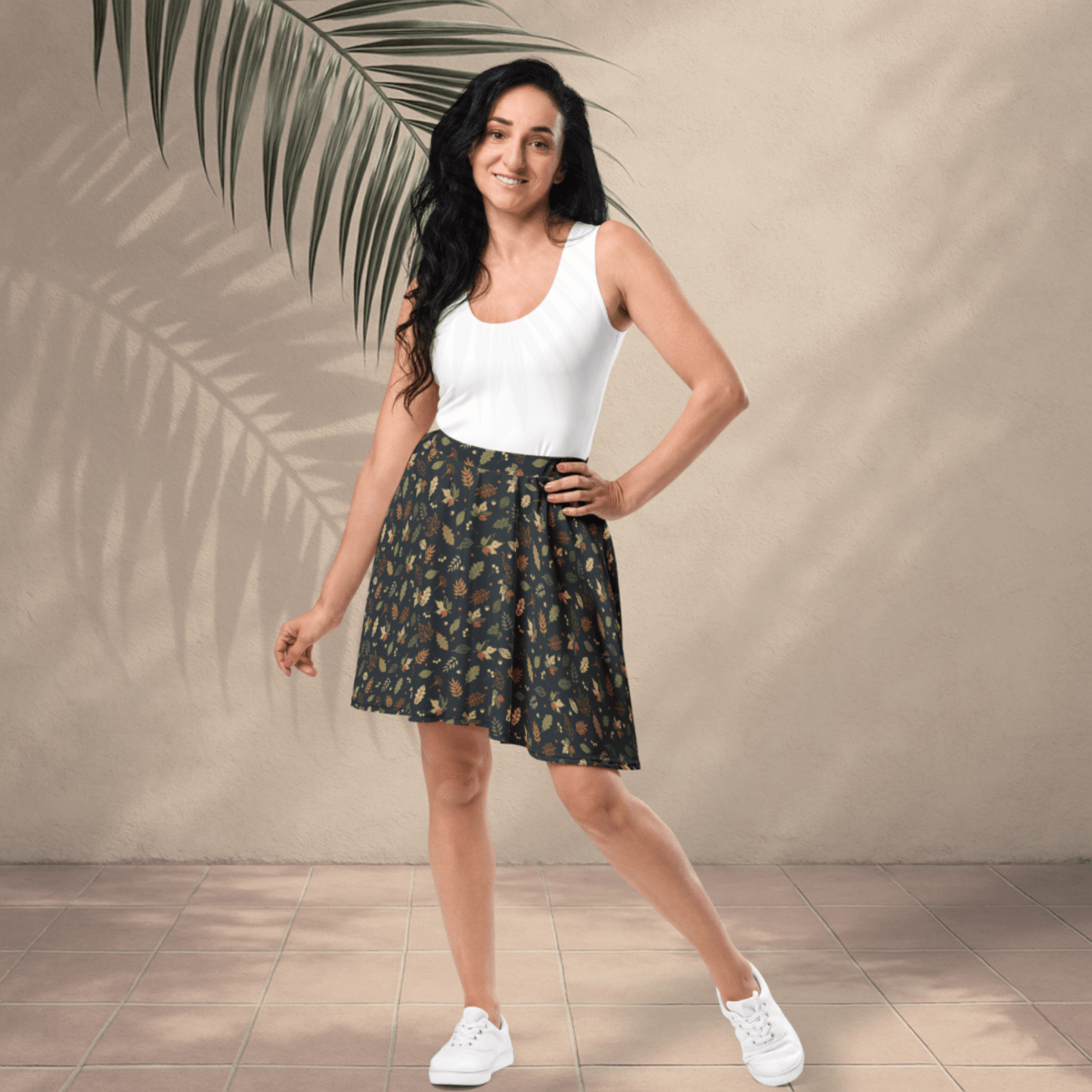 Woodland Whimsy Skater Skirt | Autumn Leaf & Forest Foliage Print on Charcoal Black