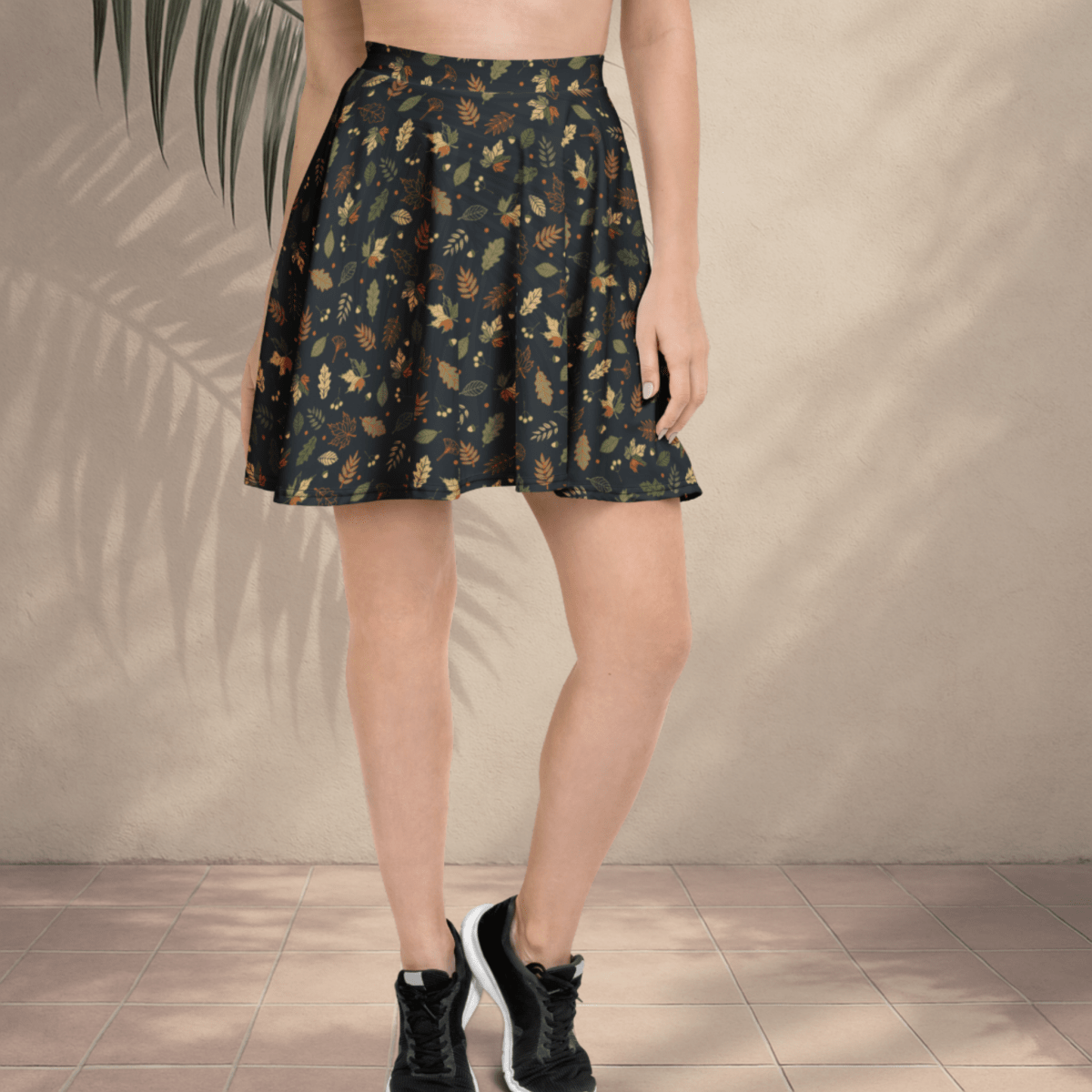 Woodland Whimsy Skater Skirt | Autumn Leaf & Forest Foliage Print on Charcoal Black