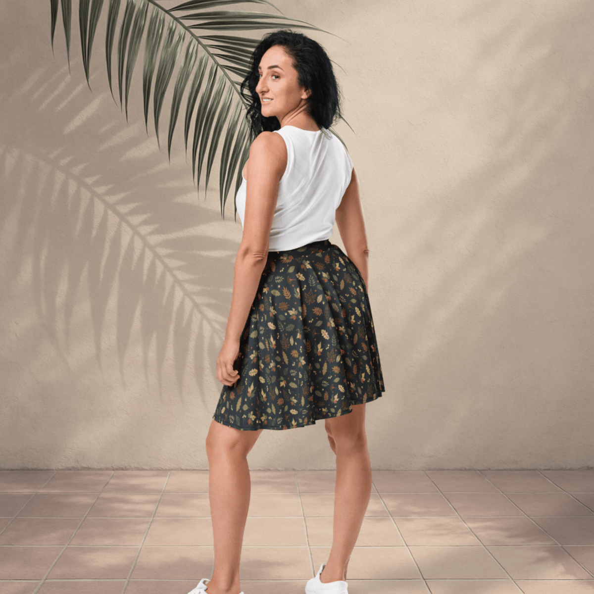 Woodland Whimsy Skater Skirt | Autumn Leaf & Forest Foliage Print on Charcoal Black