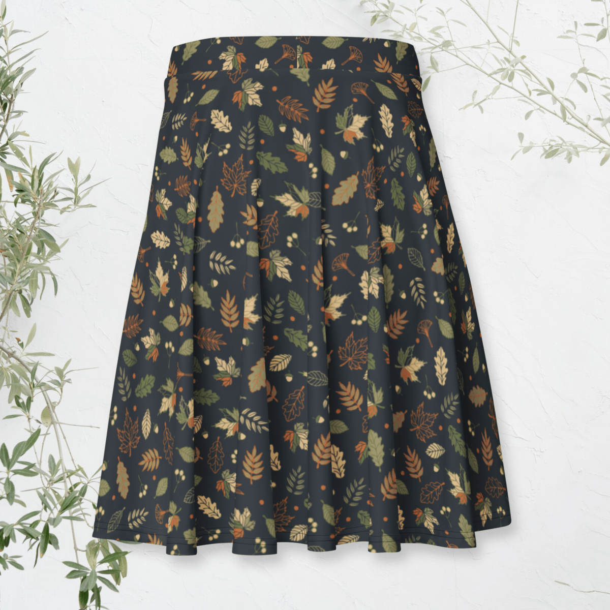 Woodland Whimsy Skater Skirt | Autumn Leaf & Forest Foliage Print on Charcoal Black