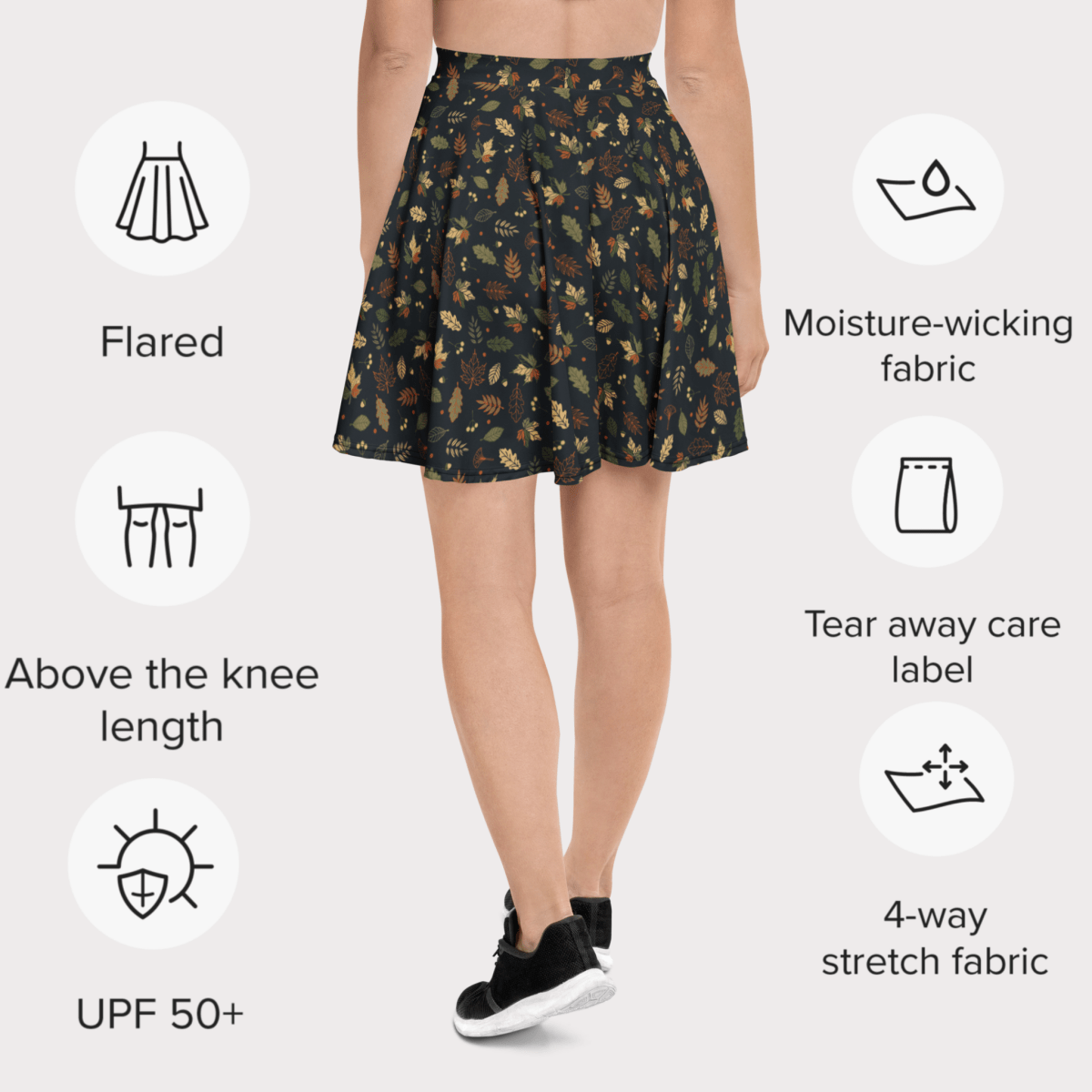 Woodland Whimsy Skater Skirt | Autumn Leaf & Forest Foliage Print on Charcoal Black