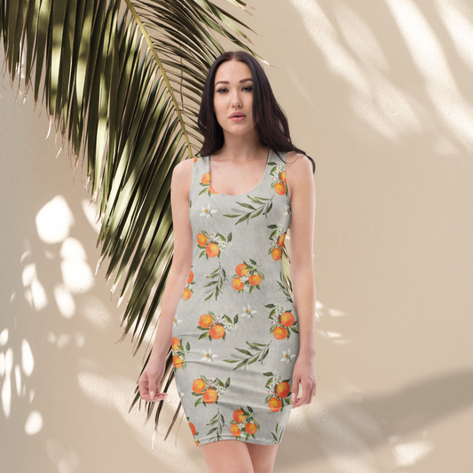 Orange Blossom Bodycon Dress | Boho Mediterranean Fruit Print