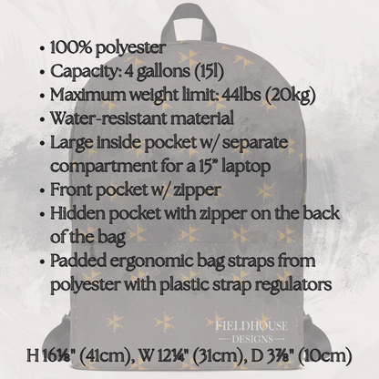 Gray backpack with specifications listed on a textured gray background