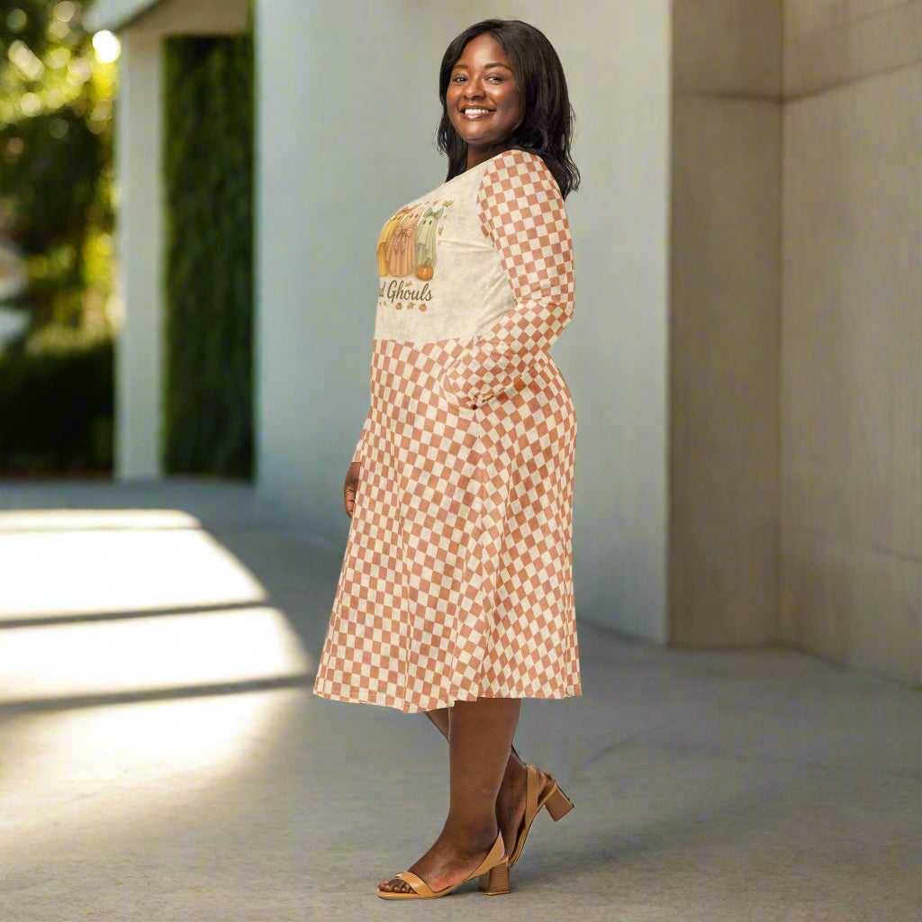 Ghost Checkered Print Long Sleeve Midi Dress with Pockets - Cottagecore Halloween