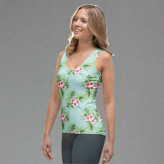 Aqua Floral Print Body - Hugging Activewear Tank Top XS - XL - UV Protection & 4 - Way Stretch - Tank Top