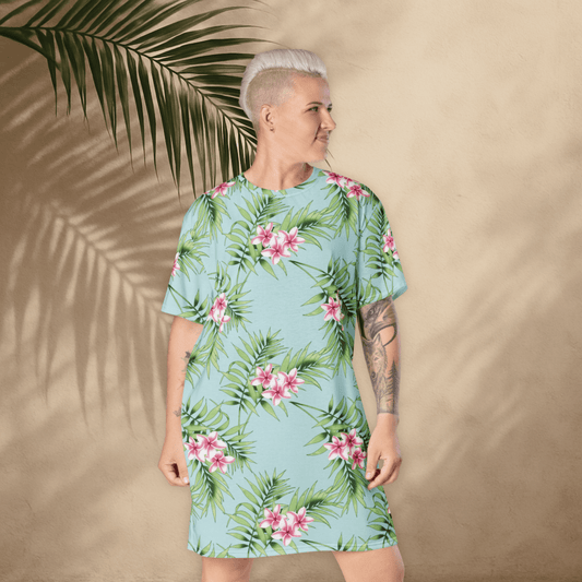 Aqua Floral T-Shirt Dress – Tropical Oversized Plumeria Dress for Summer Vibes