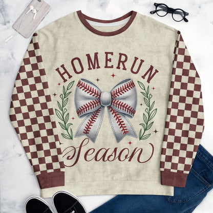 Sweatshirt with 'Homerun Season' design featuring a baseball bow on a checkered background.