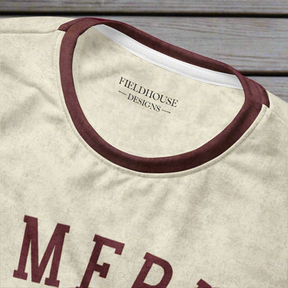 Beige shirt with burgundy trim and 'Fieldhouse Designs' branding