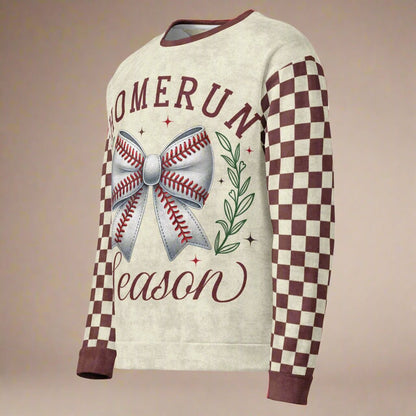 Sweater with 'Homerun Season' design featuring a baseball bow on a beige background