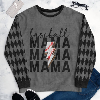 Gray sweatshirt with 'baseball MAMA' text and checkered sleeves on a marble background.
