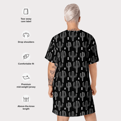 Black and White Cactus T-Shirt Dress – Oversized Desert Graphic Dress for Boho Minimalists
