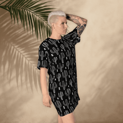 Black and White Cactus T-Shirt Dress – Oversized Desert Graphic Dress for Boho Minimalists