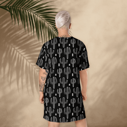 Black and White Cactus T-Shirt Dress – Oversized Desert Graphic Dress for Boho Minimalists