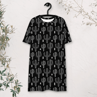 Black and White Cactus T-Shirt Dress – Oversized Desert Graphic Dress for Boho Minimalists