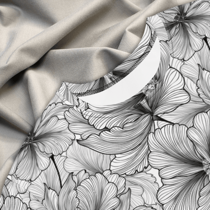 Black and White Floral T-Shirt Dress – Monochrome Oversized Dress with Line Art Flowers
