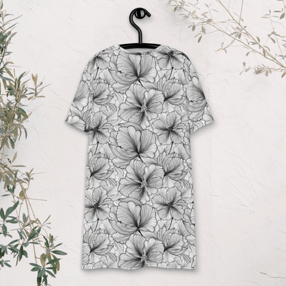 Black and White Floral T-Shirt Dress – Monochrome Oversized Dress with Line Art Flowers