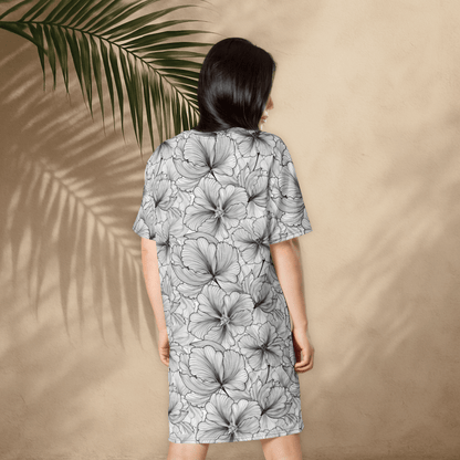 Black and White Floral T-Shirt Dress – Monochrome Oversized Dress with Line Art Flowers