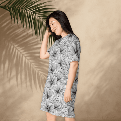 Black and White Floral T-Shirt Dress – Monochrome Oversized Dress with Line Art Flowers