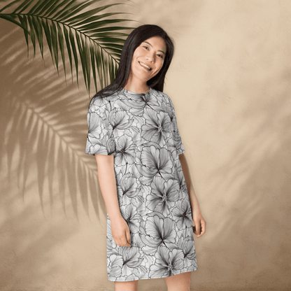 Black and White Floral T-Shirt Dress – Monochrome Oversized Dress with Line Art Flowers