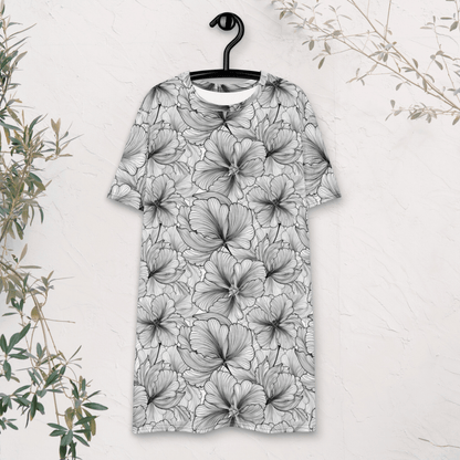 Black and White Floral T-Shirt Dress – Monochrome Oversized Dress with Line Art Flowers