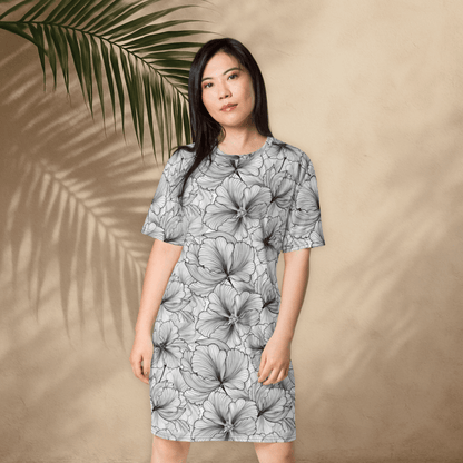Black and White Floral T-Shirt Dress – Monochrome Oversized Dress with Line Art Flowers
