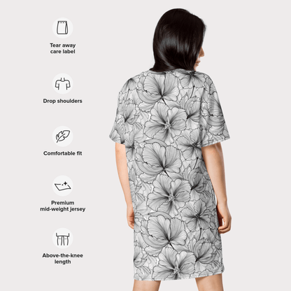 Black and White Floral T-Shirt Dress – Monochrome Oversized Dress with Line Art Flowers