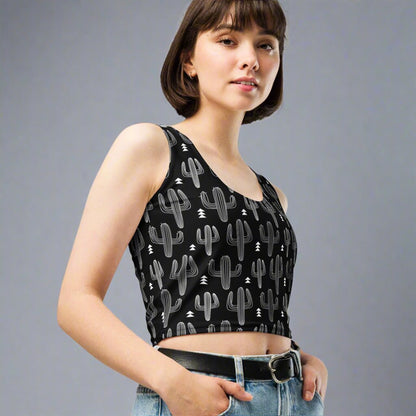 Black Cactus Cropped Tank – Boho Desert Workout Top - Crop Tank