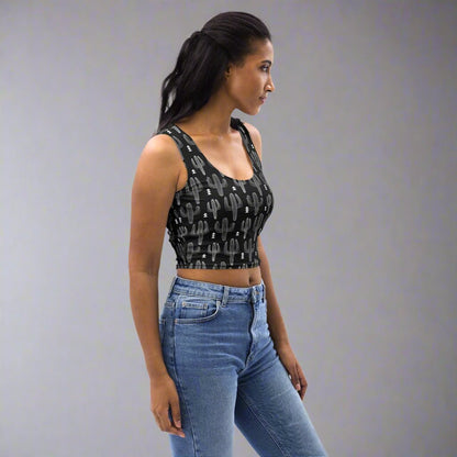 Black Cactus Cropped Tank – Boho Desert Workout Top - Crop Tank