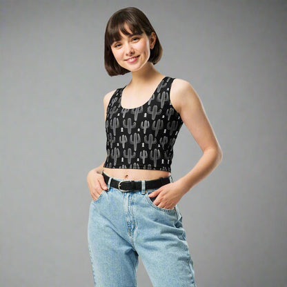 Black Cactus Cropped Tank – Boho Desert Workout Top - Crop Tank