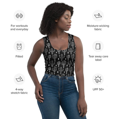 Black Cactus Cropped Tank – Boho Desert Workout Top - Crop Tank