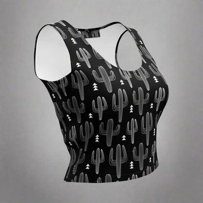 Black Cactus Cropped Tank – Boho Desert Workout Top - Crop Tank