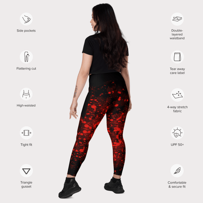 Woman wearing red and black patterned leggings with feature icons on a white background