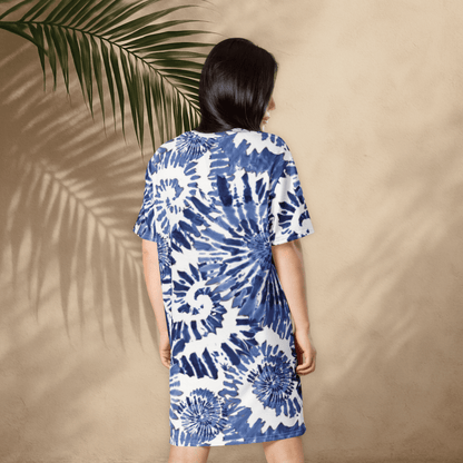Blue Tie - Dye T-Shirt Dress – Oversized Spiral Print Beach Dress for Women