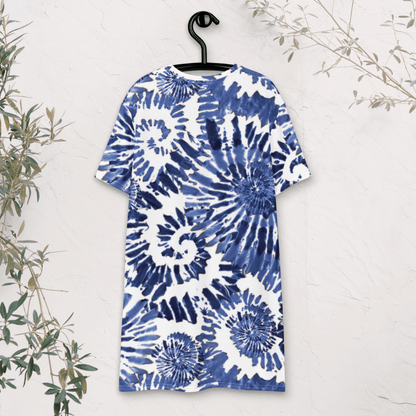 Blue Tie - Dye T-Shirt Dress – Oversized Spiral Print Beach Dress for Women