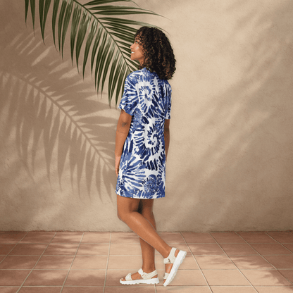 Blue Tie - Dye T-Shirt Dress – Oversized Spiral Print Beach Dress for Women