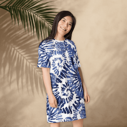 Blue Tie - Dye T-Shirt Dress – Oversized Spiral Print Beach Dress for Women