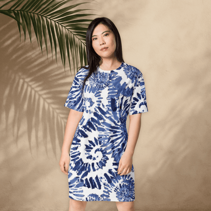 Blue Tie - Dye T-Shirt Dress – Oversized Spiral Print Beach Dress for Women