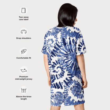 Blue Tie - Dye T-Shirt Dress – Oversized Spiral Print Beach Dress for Women
