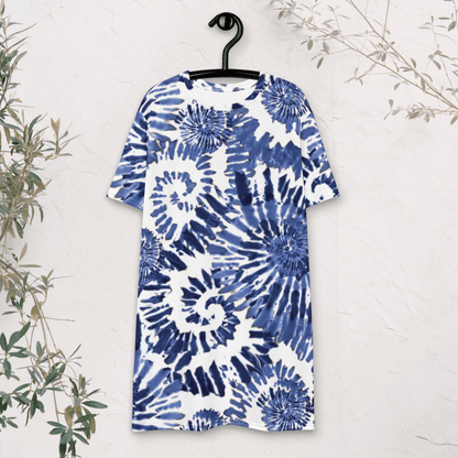 Blue Tie - Dye T-Shirt Dress – Oversized Spiral Print Beach Dress for Women