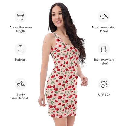 Blush Cherry Bodycon Dress | Soft Vintage Fruit Print for Sweet Summer Vibes - Bodycon Dress
