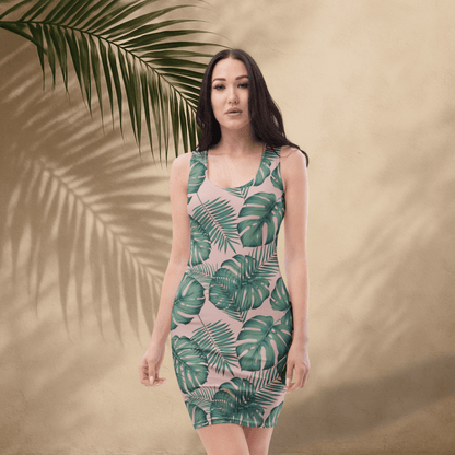Blush Jungle Bodycon Dress | Tropical Monstera Leaf Print on Soft Pink - Bodycon Dress