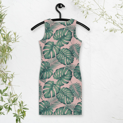 Blush Jungle Bodycon Dress | Tropical Monstera Leaf Print on Soft Pink - Bodycon Dress